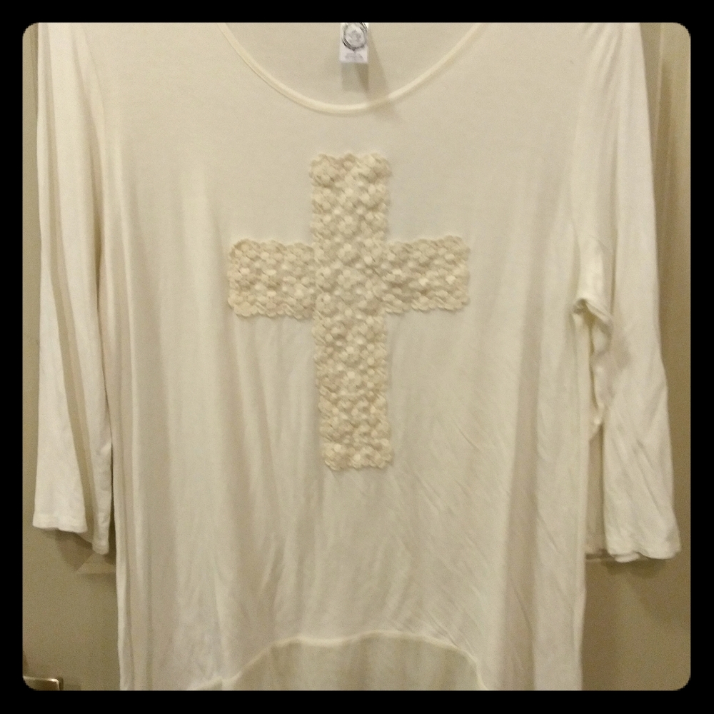 Top crochet cross tunic womens L cream